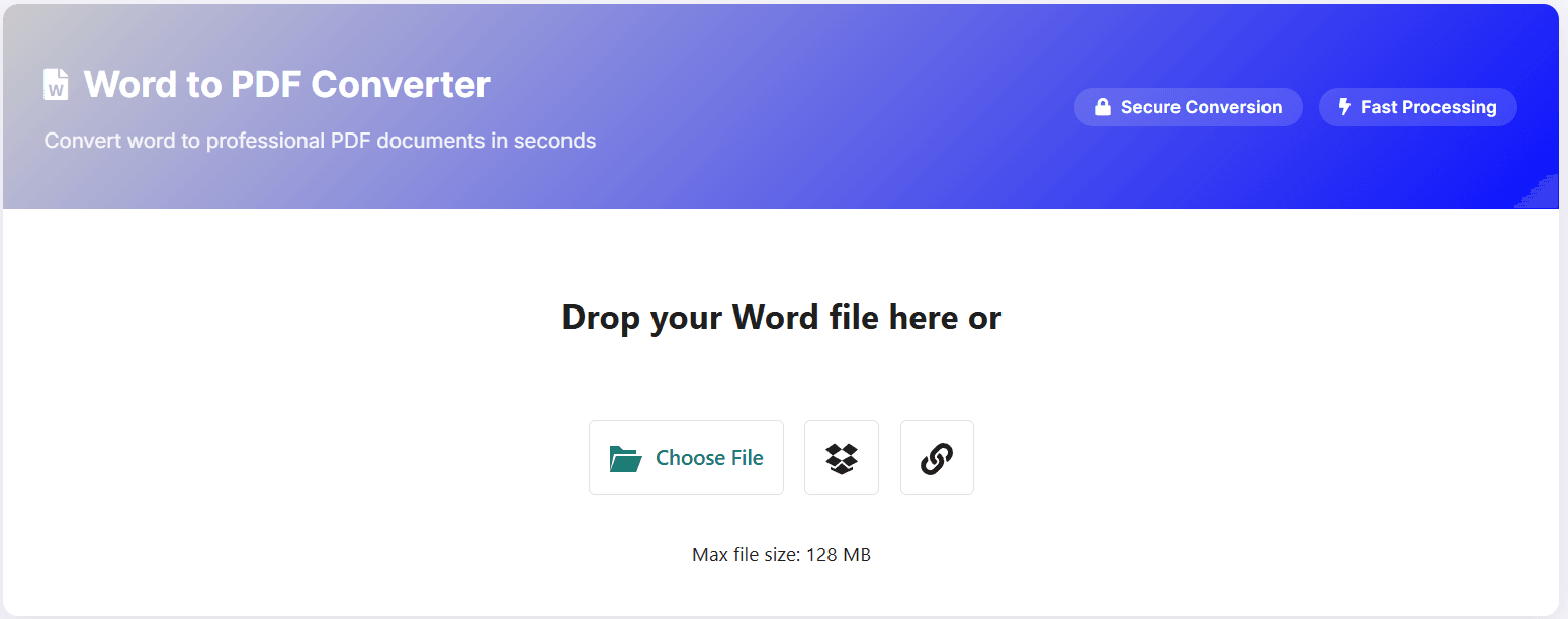 Interface AtlasConvertPDF Word vers PDF avec zone de dépôt et trois boutons d’envoi